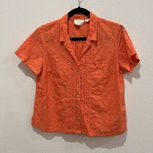 Anthropologie Maeve Salmon Pink Guayabera Eyelet Short Sleeve Shirt Size 4P